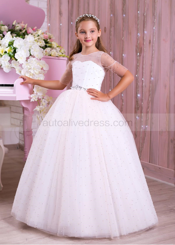 White Pearls Tulle Buttons Back Long Flower Girl Dress